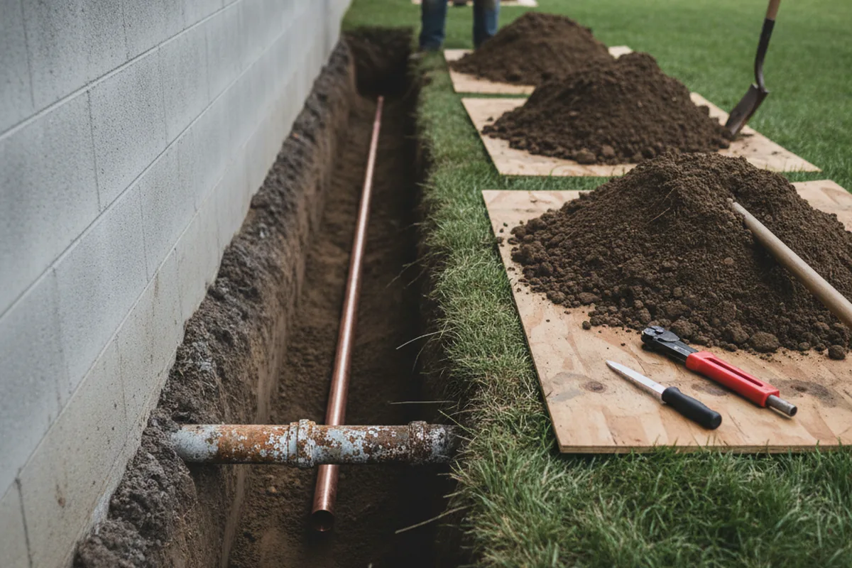 Excavated water line trench during Water Heater Repair in Capon Springs